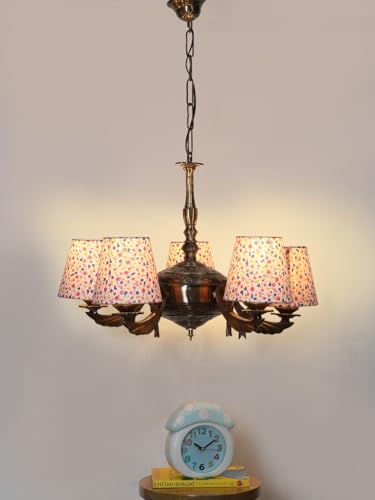 Image of Devansh 05-Light Printed Conical Multicolor Cotton Shade Chandelier - Antique Golden Finish | Adjustable Cord | Warm Glow Lamp - Ceiling Light for Living Room, Dining Area, BedroomDecor - D9