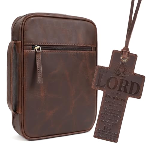 ELIZO Leather Bible Cover for Men Bible Case for Women Zippered Holder Protector Cross Church Tote Bag Carrying Organizer Sleeve Gift Standard Brown