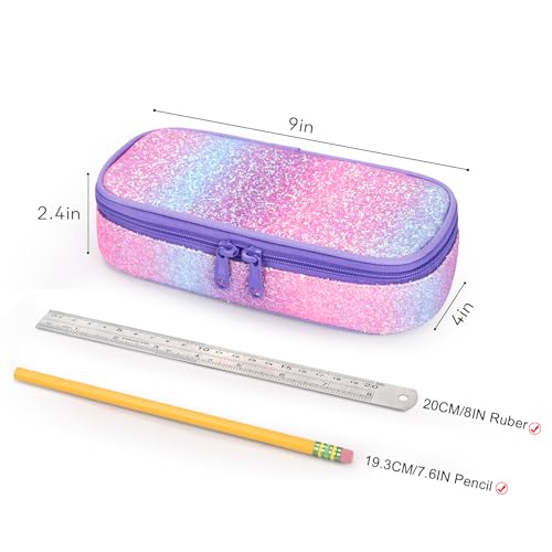 Image of mibasies Girls Pencil Case for Kids, Multi-Slot Pencil Pouch, Pink Purple Rainbow
