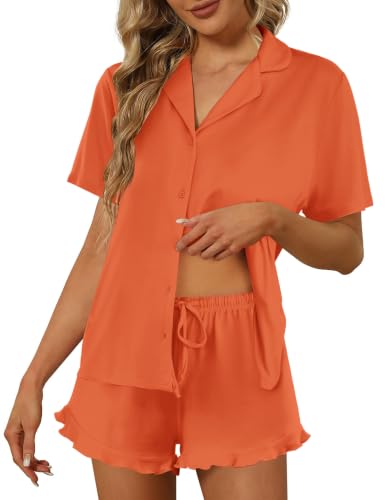 Image of Ekouaer Pajamas Set for Women Short Sleeve Sleepwear Button Down Ruffle Pjs
