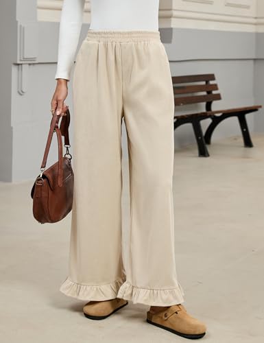 Omoone Womens Corduroy Pants Wide Leg Ruffled Hem Elastic Waist Lounge Cord Pants with Pockets2
