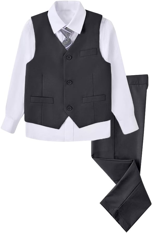 Boys 4 Pieces Suits Slim Fit Kids Outfits Vest Pants Sets Black Blue Formal Dresswear for Boy