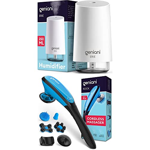 Geniani Portable Small Cool Mist Humidifiers - Usb Desktop Humidifier For Plants, Car, Baby Room (White, 250Ml) & Geniani Deep Tissue Massager For Back, Body, Shoulders, Neck And Sore Muscles (Blue) #TOP11