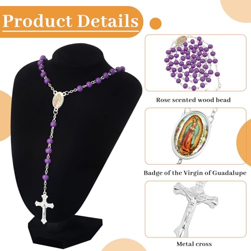 36 Pcs Wooden Bead Rosary Necklace with Crucifix and Our Lady of Guadalupe Scented First Communion Rosary with 36 Organza Bags Baptism Favors Catholic Gift for Men Women (Assorted Colors)3