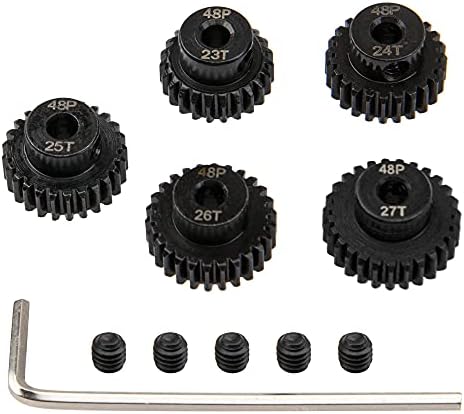 5Pack ShareGoo Steel 48P 3.175mm Pinion Gear Sets 23T 24T 25T 26T 27T fit 3.175mm (1/8-Inch) Shaft Compatible with Arrma HPI Kyosho Losi Axial Traxxas Tamiya Associated 1/10 RC Car Monster Truck Buggy
