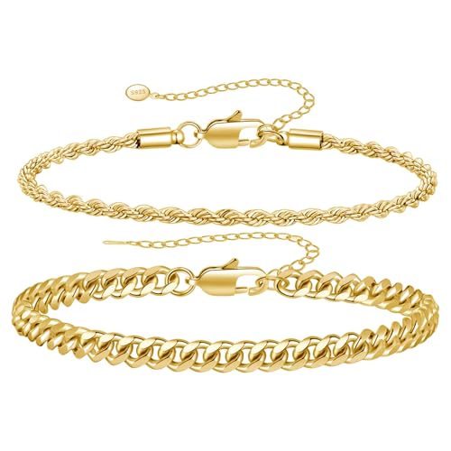 RANKEEF Gold Bracelets for Men Chain - 2pcs Gold Cuban Rope Bracelet Set for Men