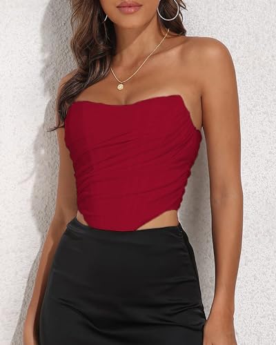 Image of Modegal Women's Strapless Boned Mesh Bustier Corset Bodyshaper Crop Top | Vintage Backless Bustier Zip Back Corset Bodyshaper Crop Top