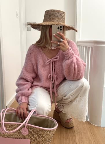 Image of chouyatou Women's Cute Bow Knot Cardigan Fall Casual Oversized Ribbed Knit Sweater Cardigan Tops