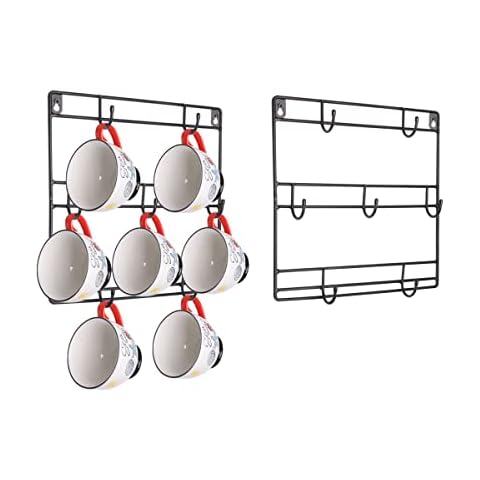 Fvstar Coffee Mug Racks Wall Mounted,3 Tier Retro Bar Cups Display Hanger,Kitchen Cups Hanging Hooks,Wall Mugs Holder Organizer with 7 Hooks for Mug,Tea Cups Storage(2, Black) Cover