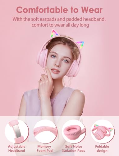 Image of Cat Ear Bluetooth Headphones with Micphone for Kids & Adults, LED Light Up Wireless HI-FI Sound Quality, Over-Ear Headphones with Volume Control for iPhone /iPad /Laptop /PC(55H Play Time)