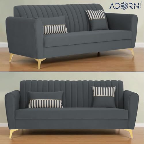 Image of Adorn India Premium Luster 3-2 Sofa Set | Velvet Suede Fabric | 3-Year Warranty | Color Dark Grey with Golden Legs & Striped Pattern Cushion