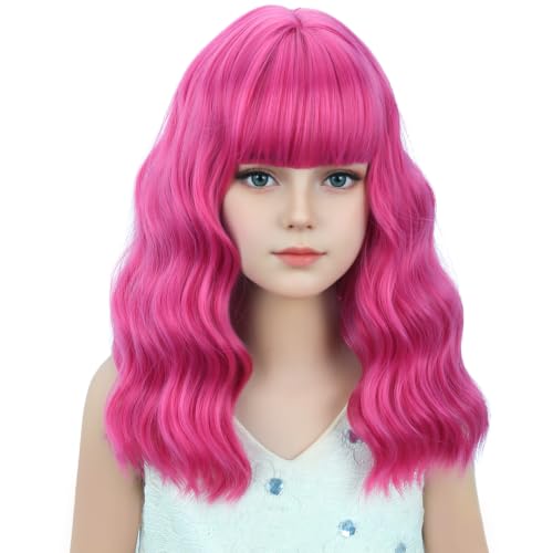 Image of Hot Pink Wig Short Hot Pink Wavy Curly Wigs Pink Wig with Air Bangs ynthetic Cosplay Hair Wig