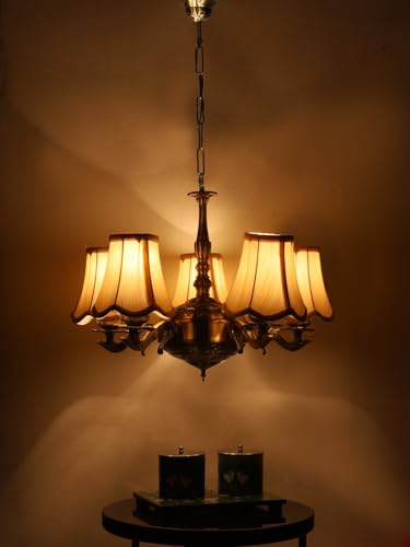 Image of Devansh 05 Lights Off-White Vintage Cotton Shade with Antique Golden Chandelier -L