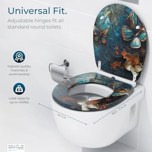 Image of Sanilo Wooden Toilet Seat with Quick Release & Soft Close [ROUND] - Decorative & Slow Close Molded Wood Seat - With One Click for Easy Installation & Cleaning - With Adjustable Fit (Mariposa)