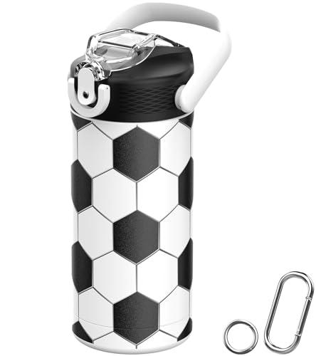 MYFOREST 400ml Botella de agua infantil con aislamiento térmico, revestimiento de grado quirúrgico sin olor, apta para lavavajillas, etiqueta para nombre, boquilla suave (Fútbol)