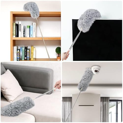 OFFCUP Staubwedel Teleskop, Staubwischer Mikrofaser Bis 243cm Länge, Staubwedel mit Edelstahl Teleskop Stange und Waschbar Verbiegbare Eckbesen Entfernt Mühelos Staub für Decken Spinnweben(Grau)