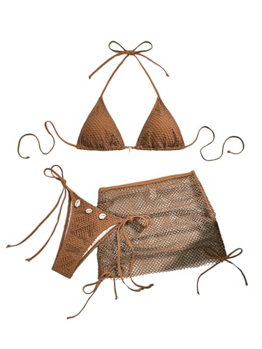 SOLY HUX Women's 3 Piece Swimsuit Fishnet Halter Triangle String Bikini Set Bathing Suit with Cover Up Beach Skirt