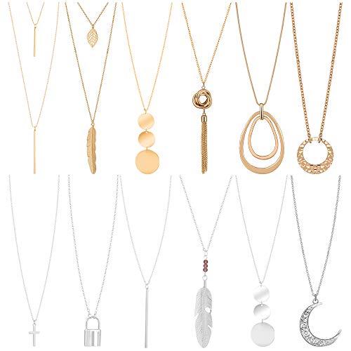 Dreamfox 12PCS Long Pendant Necklace for Women Bar Layer Leaf Circle Tassel Necklace set