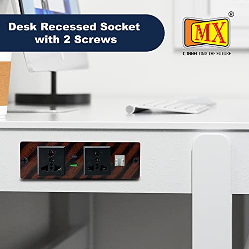 Image of MX Premium Power Console 16 Amp 6 Universal Sockets with 2 USB Charging Port Extension Board - with Removable Desk Clamp Power Strip Master Switch (Desktop Socket - 2AC + USB-A /C + CAT6 (Wood))