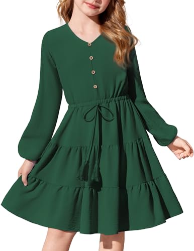 Arshiner Girls Dresses Fall Long Sleeve Tween V Neck Button Ruffle Tiered Flowy Swing Dress with Belt Green 7-8Y