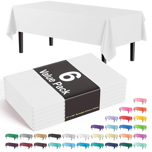 Exquisite 6-Pack Plastic Tablecloth 54x108 Rectangle Value Pack Plastic Table Cover - White