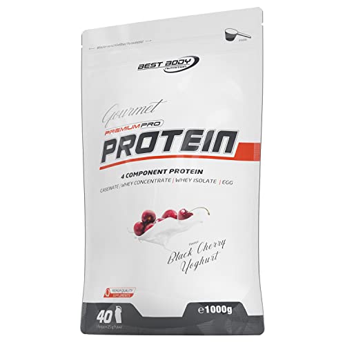 Preisvergleich Produktbild Best Body Nutrition Gourmet Premium Pro Protein, Black Cherry Yoghurt, 4 Komponenten Protein Shake: Caseinat, Whey Konzentrat, Whey Isolat, Eiprotein, 1 kg Zipp Beutel