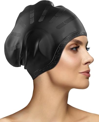 Image of TEKCOOL Designed Long Hair Swim Cap,Waterproof Silicone Swimming Cap for Adult Woman and Men,Keeps Hair Clean with Ear Protector Fresh Long Lasting Silicone Made Waterproof Swimming Cap(Black)'