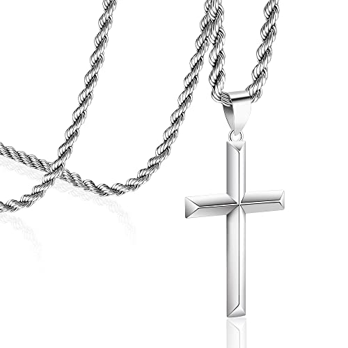 925 Sterling Silver Cross Necklace for Men with 3.5mm Stainless Steel Twist Clasp Rope Chain Necklace Beveled Edge Cross Pendant Necklace for Men Women 16-28 Inches