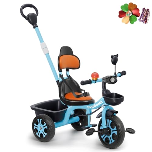 SvgBoMit Kids Tricycle with Extended Push Bar, Stable Triangle Structure, Adjustable Parent Handle, Storage Basket, Safety Belt, Blue, for Ages 2-5 Years, 110 lbs Max Weight (Blue)