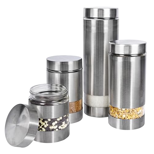 BELLE VOUS Pack de 4 Recipientes para Alimentos de Acero Inoxidable con Ventana de Vidrio - Set de Bote Hermetico para Cocina o Alacena - Envases para Alimentos, Té, Café, Harina, Frutas Secas y Más