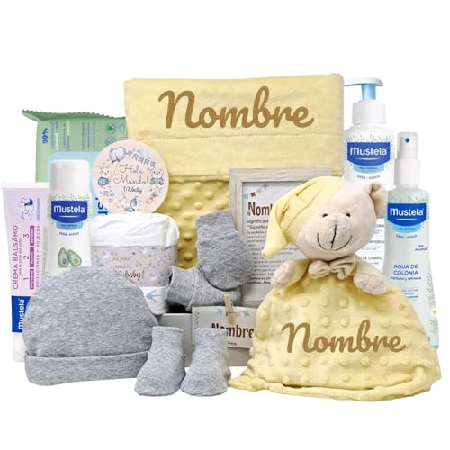 Cesta Bebé Personalizada Velvet Deluxe con Cremitas de Bebé, Dou Dou Bordado, Mini Pastel de Pañales y Marco Significado del Nombre – Mababyshop (Amarillo)