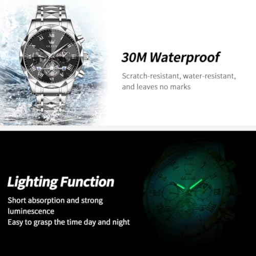 Image of OLEVS Watches for Men Luxury Diamond Casual Large Dial Watches Stainless Steel Waterproof Business Dress Analog Luminous Date Mens Watches