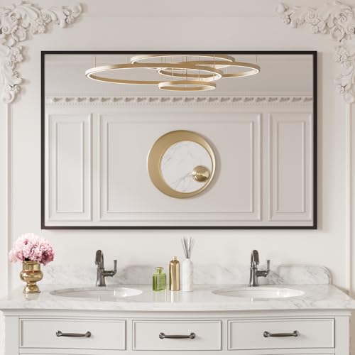 Image of LOAAO 40 inchX30 inch Black Rectangle Bathroom Mirror Wall, Matte Black Aluminum Alloy Frame, Tempered Glass, Hangs Vertically or Horizontally, Easy to Install