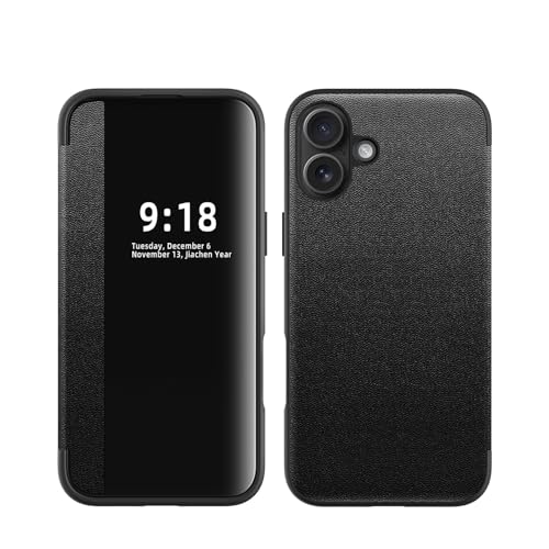 ��]���t���b�v�J�o�[ iPhone 16 Plus �Ή��t���b�v�P�[�X �������r���[�E�B���h�E �}�O�l�b�g���X�����t���b�v�P�[�X �����ی� �ϏՌ��ی�J�o�[ Plus�p ���h�~(Black)