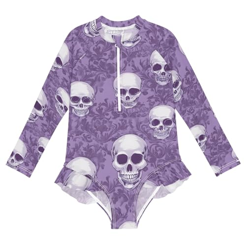 ALAZA Swimsuit for Girls Long Sleeve Rashguard Bathing Suit Purple Skull Quick Dry 4T