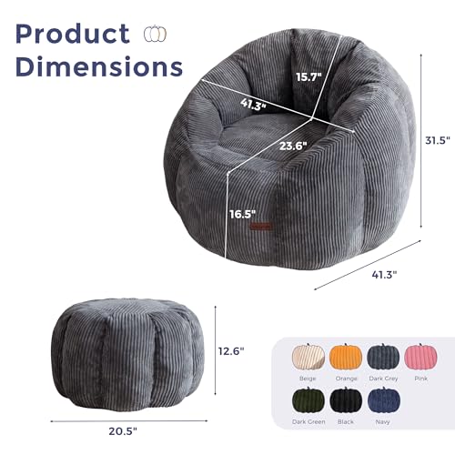 Image of MAXYOYO Giant Bean Bag Chair with Ottoman, Pumpkin-Shaped Bean Bag Sofa with Footstool, Oversized Boneless Couch Chair in a Box, Comfy and Lazy Lounge for Dorm, Living Room, Bedroom, Dark Grey