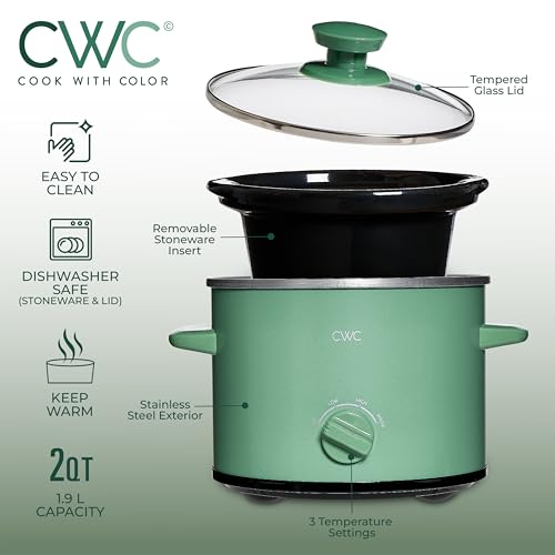 COOK-WITH-COLOR-2QT-Mini-Electric-Round-Slow-Cooker-Adjustable-Settings-Removable-Stoneware-Pot-Tempered-Glass-Lid-Dishwasher-Safe-Cool-Touch-Side-Handles-Dark-Sage COOK WITH COLOR 2QT Mini Electric Round Slow Cooker Adjustable Settings Removable Stoneware Pot Tempered Glass Lid Dishwasher Safe Cool Touch Side Handles Dark Sage