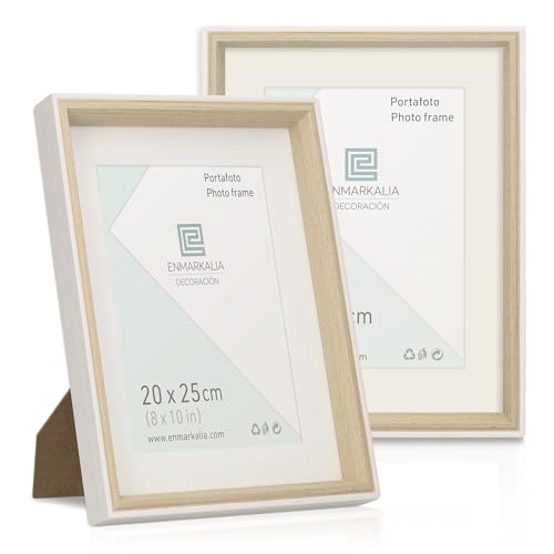 Marcos de fotos 20x25 cm SIN paspartu y 15x20 cm CON paspartu, Set de 2 unidades, color Blanco - Madera con paspartu, soporte de pie y para colgar (Blanco Madera X2 Uds.) Portafoto 20x25 cm