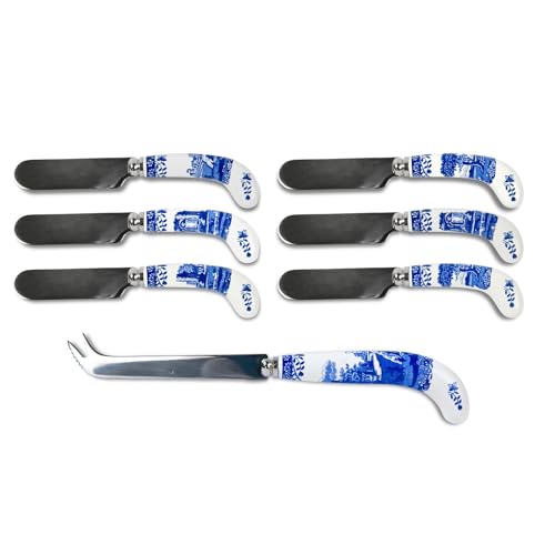 Spode Blue Italian Cheese Knife and 6 Spreaders, Stainless Steel with Porcelain Handle, 4.75 Inches, Jam Spreader, Butter, and Pastry Knife