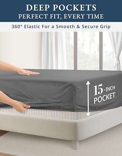 Image of LANE LINEN King Size Sheets 100% Egyptian Cotton Sateen - Charcoal Gray