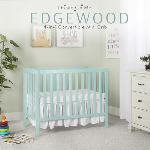Image of Dream On Me Edgewood 4-In-1 Convertible Mini Crib In Mint, JPMA Certified, Non-Toxic Finish, New Zealand Pinewood, With 3 Mattress Height Settings, Included 1 inch Mattress Pad