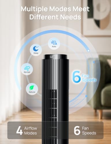 Image of ZAFRO Tower Fan for Bedroom, 90 Oscillating Fan with Remote, 6 Speeds 4 Modes, 12H Timer, LED Panel with Touch Control, 28 dB Quiet Standing Fans that Blow Air, Black