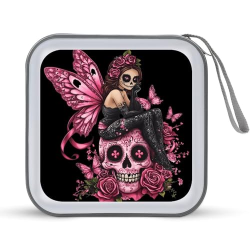 Skull Fairy Breast Cancer Awareness Ribbon CD Case Plastic DVD Case Holder Wallet Disc Storage Organizer for Car Travel