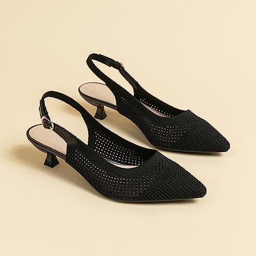 Image of youngshow Women's Slingback Kitten Heels for Work | Knit, Low Heels, Elastic Back Strap, Slip on, Pumps for Office, Wedding, Party