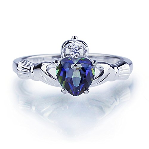 Double Accent Sterling Silver Simulated Rainbow Mystic Topaz Cz Heart Claddagh Ring 9Mm (Size 3 To 13), 3 #TOP3