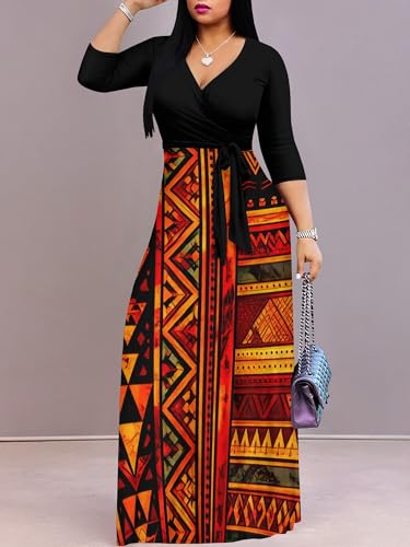 Image of PinkPatty Plus Size Maxi Dresses for Women Casual Flowy Long Dress 3 /4 Sleeve V Neck Wrap Dress with Belt