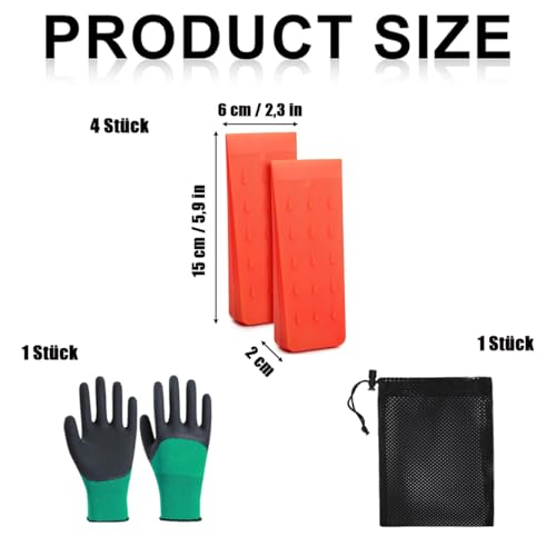 NUWIQ 4 Stück Fällkeil Set - 6 Zoll Rutschfeste Kunststoffkeile mit Handschuhen und Netztasche - Rutschfeste Widerhaken und Struktur für Kontrollierten Fällen Von Bäumen
