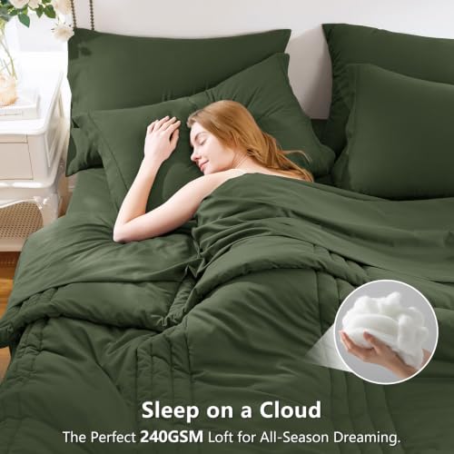 Image of CozyLux King Size Comforter Set Olive Green - 7 Pieces Bed in a Bag, Modern Vertical Quilted Room Decor, Soft All-Season Bedding Gift with Comforter, Sheets, Pillowcases & Shams