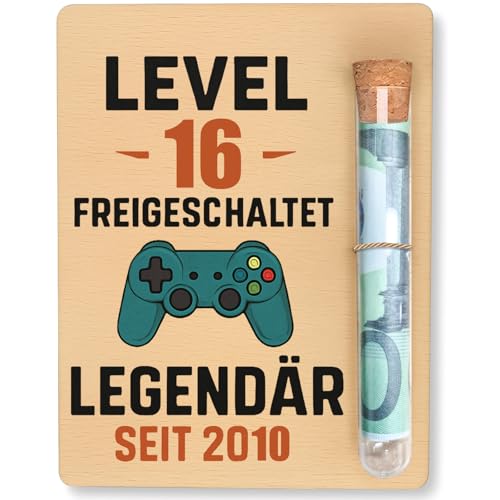 RAOPNHS 16 Geburtstag Mädchen 16 Geburtstag Junge Mit Holzkarte 10×13 Cm Und Reagenzglas Geschenkverpackung Für Gutscheine Und Geld