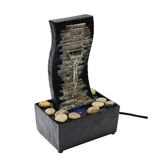 Nature's Mark 10" H Slate Brick Wall Tabletop Water Fountain with Natural River Rocks and Color Changing LED Lights (Power Cord Attached)